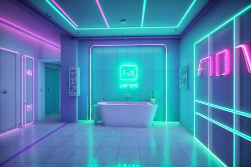 photo from pinterest of vaporwave-style interior designed (clothing store interior) . with neon glow and japanese letters on wall and baby blue and neon glow and palm trees and purple lights and teal colors and white square bathroom tiles. . cinematic photo, highly detailed, cinematic lighting, ultra-detailed, ultrarealistic, photorealism, 8k. trending on pinterest. vaporwave interior design style. masterpiece, cinematic light, ultrarealistic+, photorealistic+, 8k, raw photo, realistic, sharp focus on eyes, (symmetrical eyes), (intact eyes), hyperrealistic, highest quality, best quality, , highly detailed, masterpiece, best quality, extremely detailed 8k wallpaper, masterpiece, best quality, ultra-detailed, best shadow, detailed background, detailed face, detailed eyes, high contrast, best illumination, detailed face, dulux, caustic, dynamic angle, detailed glow. dramatic lighting. highly detailed, insanely detailed hair, symmetrical, intricate details, professionally retouched, 8k high definition. strong bokeh. award winning photo.