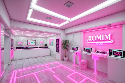 photo from pinterest of vaporwave-style interior designed (gaming room interior) . with white square bathroom tiles and bright pink and neon glow and 1980s retail shops and palm trees and japanese letters on wall and palm trees and white roman statues, white roman sculptures, white roman columns, white roman pillars in the center of the room,. . cinematic photo, highly detailed, cinematic lighting, ultra-detailed, ultrarealistic, photorealism, 8k. trending on pinterest. vaporwave interior design style. masterpiece, cinematic light, ultrarealistic+, photorealistic+, 8k, raw photo, realistic, sharp focus on eyes, (symmetrical eyes), (intact eyes), hyperrealistic, highest quality, best quality, , highly detailed, masterpiece, best quality, extremely detailed 8k wallpaper, masterpiece, best quality, ultra-detailed, best shadow, detailed background, detailed face, detailed eyes, high contrast, best illumination, detailed face, dulux, caustic, dynamic angle, detailed glow. dramatic lighting. highly detailed, insanely detailed hair, symmetrical, intricate details, professionally retouched, 8k high definition. strong bokeh. award winning photo.