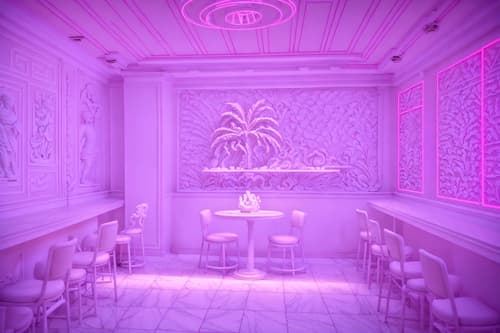 photo from pinterest of vaporwave-style interior designed (coffee shop interior) . with white roman statues, white roman sculptures, white roman columns, white roman pillars in the center of the room, and palm trees and palm trees and purple lights and neon glow and japanese letters on wall and purple lights and white square bathroom tiles. . cinematic photo, highly detailed, cinematic lighting, ultra-detailed, ultrarealistic, photorealism, 8k. trending on pinterest. vaporwave interior design style. masterpiece, cinematic light, ultrarealistic+, photorealistic+, 8k, raw photo, realistic, sharp focus on eyes, (symmetrical eyes), (intact eyes), hyperrealistic, highest quality, best quality, , highly detailed, masterpiece, best quality, extremely detailed 8k wallpaper, masterpiece, best quality, ultra-detailed, best shadow, detailed background, detailed face, detailed eyes, high contrast, best illumination, detailed face, dulux, caustic, dynamic angle, detailed glow. dramatic lighting. highly detailed, insanely detailed hair, symmetrical, intricate details, professionally retouched, 8k high definition. strong bokeh. award winning photo.