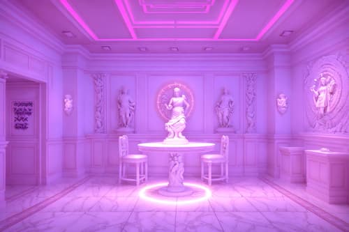 photo from pinterest of vaporwave-style interior designed (coffee shop interior) . with white roman statues, white roman sculptures, white roman columns, white roman pillars in the center of the room, and palm trees and palm trees and purple lights and neon glow and japanese letters on wall and purple lights and white square bathroom tiles. . cinematic photo, highly detailed, cinematic lighting, ultra-detailed, ultrarealistic, photorealism, 8k. trending on pinterest. vaporwave interior design style. masterpiece, cinematic light, ultrarealistic+, photorealistic+, 8k, raw photo, realistic, sharp focus on eyes, (symmetrical eyes), (intact eyes), hyperrealistic, highest quality, best quality, , highly detailed, masterpiece, best quality, extremely detailed 8k wallpaper, masterpiece, best quality, ultra-detailed, best shadow, detailed background, detailed face, detailed eyes, high contrast, best illumination, detailed face, dulux, caustic, dynamic angle, detailed glow. dramatic lighting. highly detailed, insanely detailed hair, symmetrical, intricate details, professionally retouched, 8k high definition. strong bokeh. award winning photo.