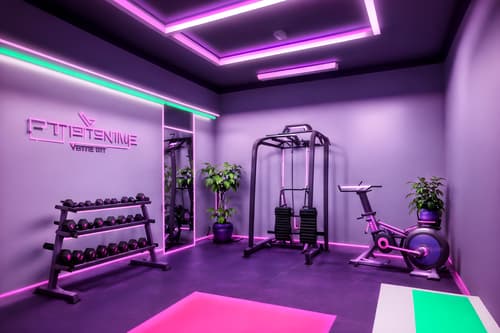photo from pinterest of vaporwave-style interior designed (fitness gym interior) with dumbbell stand and exercise bicycle and bench press and squat rack and crosstrainer and dumbbell stand. . with purple lights and japanese letters on wall and hanging plants and white square bathroom tiles and neon glow and washed out colors and purple lights and neon glow. . cinematic photo, highly detailed, cinematic lighting, ultra-detailed, ultrarealistic, photorealism, 8k. trending on pinterest. vaporwave interior design style. masterpiece, cinematic light, ultrarealistic+, photorealistic+, 8k, raw photo, realistic, sharp focus on eyes, (symmetrical eyes), (intact eyes), hyperrealistic, highest quality, best quality, , highly detailed, masterpiece, best quality, extremely detailed 8k wallpaper, masterpiece, best quality, ultra-detailed, best shadow, detailed background, detailed face, detailed eyes, high contrast, best illumination, detailed face, dulux, caustic, dynamic angle, detailed glow. dramatic lighting. highly detailed, insanely detailed hair, symmetrical, intricate details, professionally retouched, 8k high definition. strong bokeh. award winning photo.