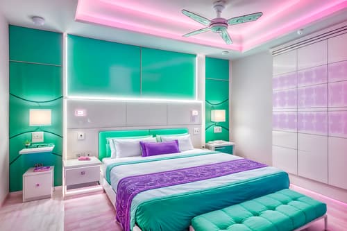 photo from pinterest of vaporwave-style interior designed (hotel room interior) with headboard and storage bench or ottoman and night light and bedside table or night stand and bed and dresser closet and mirror and working desk with desk chair. . with washed out colors and white square bathroom tiles and teal colors and purple lights and palm trees and white square bathroom tiles and neon glow and bright pink. . cinematic photo, highly detailed, cinematic lighting, ultra-detailed, ultrarealistic, photorealism, 8k. trending on pinterest. vaporwave interior design style. masterpiece, cinematic light, ultrarealistic+, photorealistic+, 8k, raw photo, realistic, sharp focus on eyes, (symmetrical eyes), (intact eyes), hyperrealistic, highest quality, best quality, , highly detailed, masterpiece, best quality, extremely detailed 8k wallpaper, masterpiece, best quality, ultra-detailed, best shadow, detailed background, detailed face, detailed eyes, high contrast, best illumination, detailed face, dulux, caustic, dynamic angle, detailed glow. dramatic lighting. highly detailed, insanely detailed hair, symmetrical, intricate details, professionally retouched, 8k high definition. strong bokeh. award winning photo.