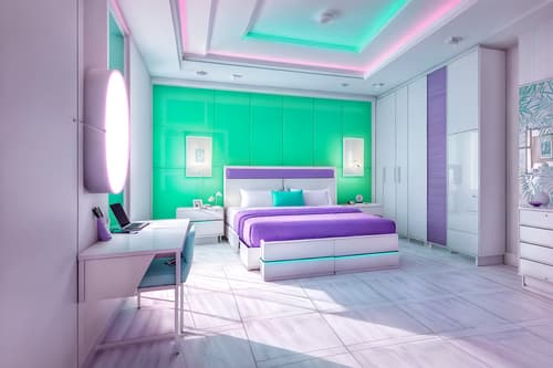 photo from pinterest of vaporwave-style interior designed (hotel room interior) with headboard and storage bench or ottoman and night light and bedside table or night stand and bed and dresser closet and mirror and working desk with desk chair. . with washed out colors and white square bathroom tiles and teal colors and purple lights and palm trees and white square bathroom tiles and neon glow and bright pink. . cinematic photo, highly detailed, cinematic lighting, ultra-detailed, ultrarealistic, photorealism, 8k. trending on pinterest. vaporwave interior design style. masterpiece, cinematic light, ultrarealistic+, photorealistic+, 8k, raw photo, realistic, sharp focus on eyes, (symmetrical eyes), (intact eyes), hyperrealistic, highest quality, best quality, , highly detailed, masterpiece, best quality, extremely detailed 8k wallpaper, masterpiece, best quality, ultra-detailed, best shadow, detailed background, detailed face, detailed eyes, high contrast, best illumination, detailed face, dulux, caustic, dynamic angle, detailed glow. dramatic lighting. highly detailed, insanely detailed hair, symmetrical, intricate details, professionally retouched, 8k high definition. strong bokeh. award winning photo.