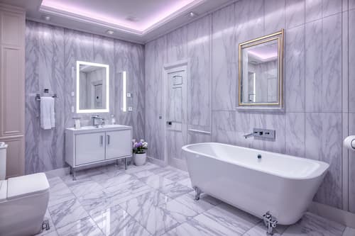 photo from pinterest of vaporwave-style interior designed (hotel bathroom interior) with bath rail and shower and mirror and toilet seat and bathroom cabinet and waste basket and bathtub and bathroom sink with faucet. . with purple lights and white roman statues, white roman sculptures, white roman columns, white roman pillars in the center of the room, and white square bathroom tiles and japanese letters on wall and white square bathroom tiles and purple lights and palm trees and neon glow. . cinematic photo, highly detailed, cinematic lighting, ultra-detailed, ultrarealistic, photorealism, 8k. trending on pinterest. vaporwave interior design style. masterpiece, cinematic light, ultrarealistic+, photorealistic+, 8k, raw photo, realistic, sharp focus on eyes, (symmetrical eyes), (intact eyes), hyperrealistic, highest quality, best quality, , highly detailed, masterpiece, best quality, extremely detailed 8k wallpaper, masterpiece, best quality, ultra-detailed, best shadow, detailed background, detailed face, detailed eyes, high contrast, best illumination, detailed face, dulux, caustic, dynamic angle, detailed glow. dramatic lighting. highly detailed, insanely detailed hair, symmetrical, intricate details, professionally retouched, 8k high definition. strong bokeh. award winning photo.