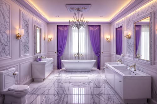 photo from pinterest of vaporwave-style interior designed (hotel bathroom interior) with bath rail and shower and mirror and toilet seat and bathroom cabinet and waste basket and bathtub and bathroom sink with faucet. . with purple lights and white roman statues, white roman sculptures, white roman columns, white roman pillars in the center of the room, and white square bathroom tiles and japanese letters on wall and white square bathroom tiles and purple lights and palm trees and neon glow. . cinematic photo, highly detailed, cinematic lighting, ultra-detailed, ultrarealistic, photorealism, 8k. trending on pinterest. vaporwave interior design style. masterpiece, cinematic light, ultrarealistic+, photorealistic+, 8k, raw photo, realistic, sharp focus on eyes, (symmetrical eyes), (intact eyes), hyperrealistic, highest quality, best quality, , highly detailed, masterpiece, best quality, extremely detailed 8k wallpaper, masterpiece, best quality, ultra-detailed, best shadow, detailed background, detailed face, detailed eyes, high contrast, best illumination, detailed face, dulux, caustic, dynamic angle, detailed glow. dramatic lighting. highly detailed, insanely detailed hair, symmetrical, intricate details, professionally retouched, 8k high definition. strong bokeh. award winning photo.