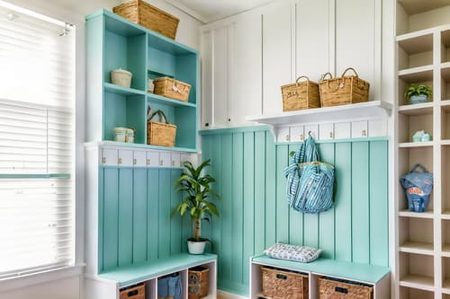 photo from pinterest of vaporwave-style interior designed (mudroom interior) with cubbies and high up storage and storage drawers and storage baskets and shelves for shoes and a bench and wall hooks for coats and cabinets. . with white square bathroom tiles and white square bathroom tiles and washed out colors and baby blue and japanese letters on wall and hanging plants and 1980s retail shops and white square bathroom tiles. . cinematic photo, highly detailed, cinematic lighting, ultra-detailed, ultrarealistic, photorealism, 8k. trending on pinterest. vaporwave interior design style. masterpiece, cinematic light, ultrarealistic+, photorealistic+, 8k, raw photo, realistic, sharp focus on eyes, (symmetrical eyes), (intact eyes), hyperrealistic, highest quality, best quality, , highly detailed, masterpiece, best quality, extremely detailed 8k wallpaper, masterpiece, best quality, ultra-detailed, best shadow, detailed background, detailed face, detailed eyes, high contrast, best illumination, detailed face, dulux, caustic, dynamic angle, detailed glow. dramatic lighting. highly detailed, insanely detailed hair, symmetrical, intricate details, professionally retouched, 8k high definition. strong bokeh. award winning photo.