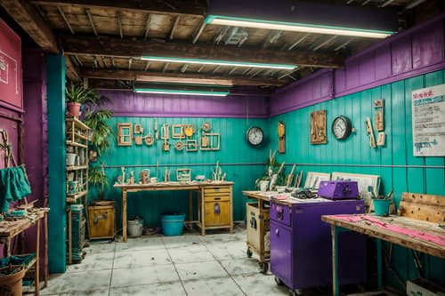 photo from pinterest of vaporwave-style interior designed (workshop interior) with messy and wooden workbench and tool wall and messy. . with teal colors and purple lights and white square bathroom tiles and hanging plants and palm trees and white square bathroom tiles and palm trees and bright pink. . cinematic photo, highly detailed, cinematic lighting, ultra-detailed, ultrarealistic, photorealism, 8k. trending on pinterest. vaporwave interior design style. masterpiece, cinematic light, ultrarealistic+, photorealistic+, 8k, raw photo, realistic, sharp focus on eyes, (symmetrical eyes), (intact eyes), hyperrealistic, highest quality, best quality, , highly detailed, masterpiece, best quality, extremely detailed 8k wallpaper, masterpiece, best quality, ultra-detailed, best shadow, detailed background, detailed face, detailed eyes, high contrast, best illumination, detailed face, dulux, caustic, dynamic angle, detailed glow. dramatic lighting. highly detailed, insanely detailed hair, symmetrical, intricate details, professionally retouched, 8k high definition. strong bokeh. award winning photo.