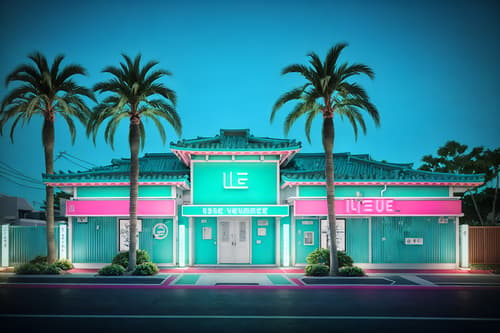 photo from pinterest of vaporwave-style exterior designed (house exterior exterior) . with neon glow and 1980s retail shops and baby blue and teal colors and white square bathroom tiles and palm trees and japanese letters on wall and japanese letters on wall. . cinematic photo, highly detailed, cinematic lighting, ultra-detailed, ultrarealistic, photorealism, 8k. trending on pinterest. vaporwave exterior design style. masterpiece, cinematic light, ultrarealistic+, photorealistic+, 8k, raw photo, realistic, sharp focus on eyes, (symmetrical eyes), (intact eyes), hyperrealistic, highest quality, best quality, , highly detailed, masterpiece, best quality, extremely detailed 8k wallpaper, masterpiece, best quality, ultra-detailed, best shadow, detailed background, detailed face, detailed eyes, high contrast, best illumination, detailed face, dulux, caustic, dynamic angle, detailed glow. dramatic lighting. highly detailed, insanely detailed hair, symmetrical, intricate details, professionally retouched, 8k high definition. strong bokeh. award winning photo.