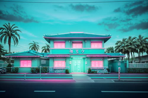 photo from pinterest of vaporwave-style exterior designed (house exterior exterior) . with neon glow and 1980s retail shops and baby blue and teal colors and white square bathroom tiles and palm trees and japanese letters on wall and japanese letters on wall. . cinematic photo, highly detailed, cinematic lighting, ultra-detailed, ultrarealistic, photorealism, 8k. trending on pinterest. vaporwave exterior design style. masterpiece, cinematic light, ultrarealistic+, photorealistic+, 8k, raw photo, realistic, sharp focus on eyes, (symmetrical eyes), (intact eyes), hyperrealistic, highest quality, best quality, , highly detailed, masterpiece, best quality, extremely detailed 8k wallpaper, masterpiece, best quality, ultra-detailed, best shadow, detailed background, detailed face, detailed eyes, high contrast, best illumination, detailed face, dulux, caustic, dynamic angle, detailed glow. dramatic lighting. highly detailed, insanely detailed hair, symmetrical, intricate details, professionally retouched, 8k high definition. strong bokeh. award winning photo.