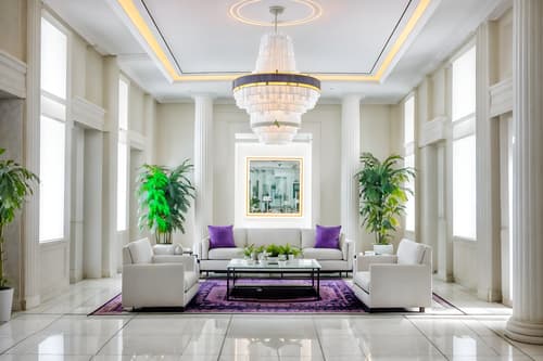 photo from pinterest of vaporwave-style interior designed (hotel lobby interior) with coffee tables and check in desk and sofas and hanging lamps and plant and lounge chairs and furniture and rug. . with white roman statues, white roman sculptures, white roman columns, white roman pillars in the center of the room, and white square bathroom tiles and purple lights and neon glow and washed out colors and japanese letters on wall and baby blue and 1980s retail shops. . cinematic photo, highly detailed, cinematic lighting, ultra-detailed, ultrarealistic, photorealism, 8k. trending on pinterest. vaporwave interior design style. masterpiece, cinematic light, ultrarealistic+, photorealistic+, 8k, raw photo, realistic, sharp focus on eyes, (symmetrical eyes), (intact eyes), hyperrealistic, highest quality, best quality, , highly detailed, masterpiece, best quality, extremely detailed 8k wallpaper, masterpiece, best quality, ultra-detailed, best shadow, detailed background, detailed face, detailed eyes, high contrast, best illumination, detailed face, dulux, caustic, dynamic angle, detailed glow. dramatic lighting. highly detailed, insanely detailed hair, symmetrical, intricate details, professionally retouched, 8k high definition. strong bokeh. award winning photo.