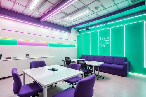 photo from pinterest of vaporwave-style interior designed (coworking space interior) with office desks and seating area with sofa and office chairs and lounge chairs and office desks. . with teal colors and japanese letters on wall and neon glow and white square bathroom tiles and white square bathroom tiles and purple lights and white square bathroom tiles and purple lights. . cinematic photo, highly detailed, cinematic lighting, ultra-detailed, ultrarealistic, photorealism, 8k. trending on pinterest. vaporwave interior design style. masterpiece, cinematic light, ultrarealistic+, photorealistic+, 8k, raw photo, realistic, sharp focus on eyes, (symmetrical eyes), (intact eyes), hyperrealistic, highest quality, best quality, , highly detailed, masterpiece, best quality, extremely detailed 8k wallpaper, masterpiece, best quality, ultra-detailed, best shadow, detailed background, detailed face, detailed eyes, high contrast, best illumination, detailed face, dulux, caustic, dynamic angle, detailed glow. dramatic lighting. highly detailed, insanely detailed hair, symmetrical, intricate details, professionally retouched, 8k high definition. strong bokeh. award winning photo.