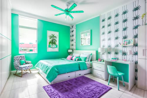 photo from pinterest of vaporwave-style interior designed (kids room interior) with storage bench or ottoman and bed and mirror and night light and dresser closet and accent chair and kids desk and bedside table or night stand. . with japanese letters on wall and white square bathroom tiles and palm trees and teal colors and palm trees and neon glow and white square bathroom tiles and purple lights. . cinematic photo, highly detailed, cinematic lighting, ultra-detailed, ultrarealistic, photorealism, 8k. trending on pinterest. vaporwave interior design style. masterpiece, cinematic light, ultrarealistic+, photorealistic+, 8k, raw photo, realistic, sharp focus on eyes, (symmetrical eyes), (intact eyes), hyperrealistic, highest quality, best quality, , highly detailed, masterpiece, best quality, extremely detailed 8k wallpaper, masterpiece, best quality, ultra-detailed, best shadow, detailed background, detailed face, detailed eyes, high contrast, best illumination, detailed face, dulux, caustic, dynamic angle, detailed glow. dramatic lighting. highly detailed, insanely detailed hair, symmetrical, intricate details, professionally retouched, 8k high definition. strong bokeh. award winning photo.