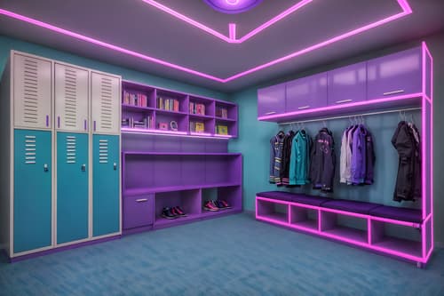 photo from pinterest of vaporwave-style interior designed (drop zone interior) with cabinets and storage baskets and shelves for shoes and high up storage and lockers and a bench and wall hooks for coats and cubbies. . with purple lights and neon glow and baby blue and palm trees and 1980s retail shops and purple lights and japanese letters on wall and japanese letters on wall. . cinematic photo, highly detailed, cinematic lighting, ultra-detailed, ultrarealistic, photorealism, 8k. trending on pinterest. vaporwave interior design style. masterpiece, cinematic light, ultrarealistic+, photorealistic+, 8k, raw photo, realistic, sharp focus on eyes, (symmetrical eyes), (intact eyes), hyperrealistic, highest quality, best quality, , highly detailed, masterpiece, best quality, extremely detailed 8k wallpaper, masterpiece, best quality, ultra-detailed, best shadow, detailed background, detailed face, detailed eyes, high contrast, best illumination, detailed face, dulux, caustic, dynamic angle, detailed glow. dramatic lighting. highly detailed, insanely detailed hair, symmetrical, intricate details, professionally retouched, 8k high definition. strong bokeh. award winning photo.