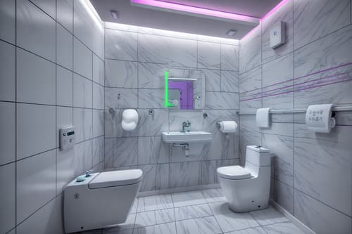 photo from pinterest of vaporwave-style interior designed (toilet interior) with sink with tap and toilet with toilet seat up and toilet paper hanger and sink with tap. . with white square bathroom tiles and neon glow and white square bathroom tiles and neon glow and palm trees and japanese letters on wall and purple lights and neon glow. . cinematic photo, highly detailed, cinematic lighting, ultra-detailed, ultrarealistic, photorealism, 8k. trending on pinterest. vaporwave interior design style. masterpiece, cinematic light, ultrarealistic+, photorealistic+, 8k, raw photo, realistic, sharp focus on eyes, (symmetrical eyes), (intact eyes), hyperrealistic, highest quality, best quality, , highly detailed, masterpiece, best quality, extremely detailed 8k wallpaper, masterpiece, best quality, ultra-detailed, best shadow, detailed background, detailed face, detailed eyes, high contrast, best illumination, detailed face, dulux, caustic, dynamic angle, detailed glow. dramatic lighting. highly detailed, insanely detailed hair, symmetrical, intricate details, professionally retouched, 8k high definition. strong bokeh. award winning photo.