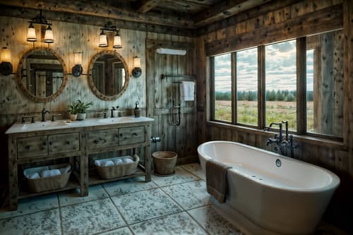 photo from pinterest of rustic-style interior designed (hotel bathroom interior) with toilet seat and bathroom sink with faucet and shower and mirror and bathtub and plant and bath towel and bathroom cabinet. . with . . cinematic photo, highly detailed, cinematic lighting, ultra-detailed, ultrarealistic, photorealism, 8k. trending on pinterest. rustic interior design style. masterpiece, cinematic light, ultrarealistic+, photorealistic+, 8k, raw photo, realistic, sharp focus on eyes, (symmetrical eyes), (intact eyes), hyperrealistic, highest quality, best quality, , highly detailed, masterpiece, best quality, extremely detailed 8k wallpaper, masterpiece, best quality, ultra-detailed, best shadow, detailed background, detailed face, detailed eyes, high contrast, best illumination, detailed face, dulux, caustic, dynamic angle, detailed glow. dramatic lighting. highly detailed, insanely detailed hair, symmetrical, intricate details, professionally retouched, 8k high definition. strong bokeh. award winning photo.