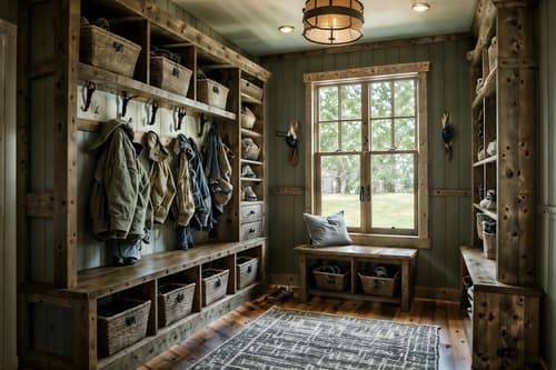 photo from pinterest of rustic-style interior designed (mudroom interior) with a bench and shelves for shoes and storage baskets and wall hooks for coats and cubbies and storage drawers and cabinets and high up storage. . with . . cinematic photo, highly detailed, cinematic lighting, ultra-detailed, ultrarealistic, photorealism, 8k. trending on pinterest. rustic interior design style. masterpiece, cinematic light, ultrarealistic+, photorealistic+, 8k, raw photo, realistic, sharp focus on eyes, (symmetrical eyes), (intact eyes), hyperrealistic, highest quality, best quality, , highly detailed, masterpiece, best quality, extremely detailed 8k wallpaper, masterpiece, best quality, ultra-detailed, best shadow, detailed background, detailed face, detailed eyes, high contrast, best illumination, detailed face, dulux, caustic, dynamic angle, detailed glow. dramatic lighting. highly detailed, insanely detailed hair, symmetrical, intricate details, professionally retouched, 8k high definition. strong bokeh. award winning photo.