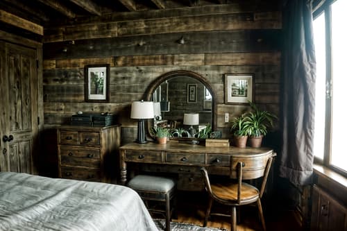 photo from pinterest of rustic-style interior designed (hotel room interior) with bedside table or night stand and mirror and plant and headboard and accent chair and night light and hotel bathroom and working desk with desk chair. . with . . cinematic photo, highly detailed, cinematic lighting, ultra-detailed, ultrarealistic, photorealism, 8k. trending on pinterest. rustic interior design style. masterpiece, cinematic light, ultrarealistic+, photorealistic+, 8k, raw photo, realistic, sharp focus on eyes, (symmetrical eyes), (intact eyes), hyperrealistic, highest quality, best quality, , highly detailed, masterpiece, best quality, extremely detailed 8k wallpaper, masterpiece, best quality, ultra-detailed, best shadow, detailed background, detailed face, detailed eyes, high contrast, best illumination, detailed face, dulux, caustic, dynamic angle, detailed glow. dramatic lighting. highly detailed, insanely detailed hair, symmetrical, intricate details, professionally retouched, 8k high definition. strong bokeh. award winning photo.