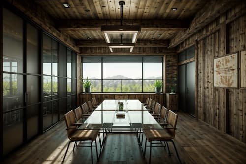 photo from pinterest of rustic-style interior designed (meeting room interior) with cabinets and boardroom table and vase and painting or photo on wall and office chairs and glass walls and plant and glass doors. . with . . cinematic photo, highly detailed, cinematic lighting, ultra-detailed, ultrarealistic, photorealism, 8k. trending on pinterest. rustic interior design style. masterpiece, cinematic light, ultrarealistic+, photorealistic+, 8k, raw photo, realistic, sharp focus on eyes, (symmetrical eyes), (intact eyes), hyperrealistic, highest quality, best quality, , highly detailed, masterpiece, best quality, extremely detailed 8k wallpaper, masterpiece, best quality, ultra-detailed, best shadow, detailed background, detailed face, detailed eyes, high contrast, best illumination, detailed face, dulux, caustic, dynamic angle, detailed glow. dramatic lighting. highly detailed, insanely detailed hair, symmetrical, intricate details, professionally retouched, 8k high definition. strong bokeh. award winning photo.