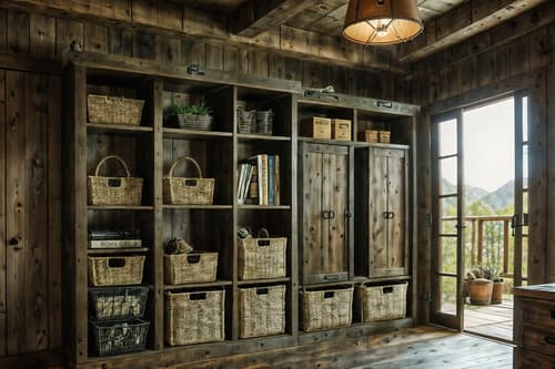photo from pinterest of rustic-style interior designed (drop zone interior) with storage baskets and storage drawers and high up storage and cubbies and shelves for shoes and wall hooks for coats and lockers and cabinets. . with . . cinematic photo, highly detailed, cinematic lighting, ultra-detailed, ultrarealistic, photorealism, 8k. trending on pinterest. rustic interior design style. masterpiece, cinematic light, ultrarealistic+, photorealistic+, 8k, raw photo, realistic, sharp focus on eyes, (symmetrical eyes), (intact eyes), hyperrealistic, highest quality, best quality, , highly detailed, masterpiece, best quality, extremely detailed 8k wallpaper, masterpiece, best quality, ultra-detailed, best shadow, detailed background, detailed face, detailed eyes, high contrast, best illumination, detailed face, dulux, caustic, dynamic angle, detailed glow. dramatic lighting. highly detailed, insanely detailed hair, symmetrical, intricate details, professionally retouched, 8k high definition. strong bokeh. award winning photo.