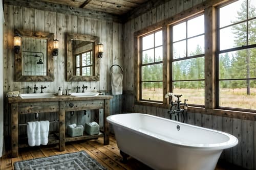 photo from pinterest of rustic-style interior designed (bathroom interior) with bathroom sink with faucet and bath rail and bath towel and shower and toilet seat and mirror and bathroom cabinet and bathtub. . with . . cinematic photo, highly detailed, cinematic lighting, ultra-detailed, ultrarealistic, photorealism, 8k. trending on pinterest. rustic interior design style. masterpiece, cinematic light, ultrarealistic+, photorealistic+, 8k, raw photo, realistic, sharp focus on eyes, (symmetrical eyes), (intact eyes), hyperrealistic, highest quality, best quality, , highly detailed, masterpiece, best quality, extremely detailed 8k wallpaper, masterpiece, best quality, ultra-detailed, best shadow, detailed background, detailed face, detailed eyes, high contrast, best illumination, detailed face, dulux, caustic, dynamic angle, detailed glow. dramatic lighting. highly detailed, insanely detailed hair, symmetrical, intricate details, professionally retouched, 8k high definition. strong bokeh. award winning photo.