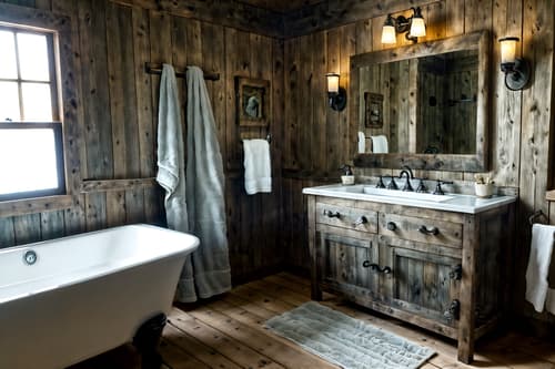 photo from pinterest of rustic-style interior designed (bathroom interior) with bathroom sink with faucet and bath rail and bath towel and shower and toilet seat and mirror and bathroom cabinet and bathtub. . with . . cinematic photo, highly detailed, cinematic lighting, ultra-detailed, ultrarealistic, photorealism, 8k. trending on pinterest. rustic interior design style. masterpiece, cinematic light, ultrarealistic+, photorealistic+, 8k, raw photo, realistic, sharp focus on eyes, (symmetrical eyes), (intact eyes), hyperrealistic, highest quality, best quality, , highly detailed, masterpiece, best quality, extremely detailed 8k wallpaper, masterpiece, best quality, ultra-detailed, best shadow, detailed background, detailed face, detailed eyes, high contrast, best illumination, detailed face, dulux, caustic, dynamic angle, detailed glow. dramatic lighting. highly detailed, insanely detailed hair, symmetrical, intricate details, professionally retouched, 8k high definition. strong bokeh. award winning photo.