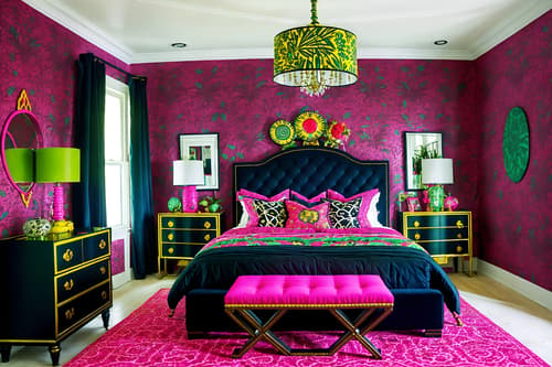 photo from pinterest of maximalist-style interior designed (bedroom interior) with plant and accent chair and storage bench or ottoman and night light and bedside table or night stand and bed and dresser closet and headboard. . with bold colors and eye-catching and vibrant and playful and bold design and more is more philosophy and over-the-top aesthetic and bold creativity. . cinematic photo, highly detailed, cinematic lighting, ultra-detailed, ultrarealistic, photorealism, 8k. trending on pinterest. maximalist interior design style. masterpiece, cinematic light, ultrarealistic+, photorealistic+, 8k, raw photo, realistic, sharp focus on eyes, (symmetrical eyes), (intact eyes), hyperrealistic, highest quality, best quality, , highly detailed, masterpiece, best quality, extremely detailed 8k wallpaper, masterpiece, best quality, ultra-detailed, best shadow, detailed background, detailed face, detailed eyes, high contrast, best illumination, detailed face, dulux, caustic, dynamic angle, detailed glow. dramatic lighting. highly detailed, insanely detailed hair, symmetrical, intricate details, professionally retouched, 8k high definition. strong bokeh. award winning photo.