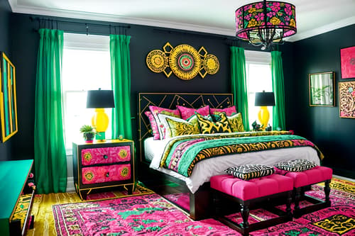photo from pinterest of maximalist-style interior designed (bedroom interior) with plant and accent chair and storage bench or ottoman and night light and bedside table or night stand and bed and dresser closet and headboard. . with bold colors and eye-catching and vibrant and playful and bold design and more is more philosophy and over-the-top aesthetic and bold creativity. . cinematic photo, highly detailed, cinematic lighting, ultra-detailed, ultrarealistic, photorealism, 8k. trending on pinterest. maximalist interior design style. masterpiece, cinematic light, ultrarealistic+, photorealistic+, 8k, raw photo, realistic, sharp focus on eyes, (symmetrical eyes), (intact eyes), hyperrealistic, highest quality, best quality, , highly detailed, masterpiece, best quality, extremely detailed 8k wallpaper, masterpiece, best quality, ultra-detailed, best shadow, detailed background, detailed face, detailed eyes, high contrast, best illumination, detailed face, dulux, caustic, dynamic angle, detailed glow. dramatic lighting. highly detailed, insanely detailed hair, symmetrical, intricate details, professionally retouched, 8k high definition. strong bokeh. award winning photo.