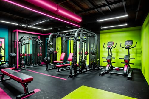 photo from pinterest of maximalist-style interior designed (fitness gym interior) with crosstrainer and exercise bicycle and dumbbell stand and squat rack and bench press and crosstrainer. . with vibrant and bold colors and more is more philosophy and eye-catching and bold design and over-the-top aesthetic and playful and bold creativity. . cinematic photo, highly detailed, cinematic lighting, ultra-detailed, ultrarealistic, photorealism, 8k. trending on pinterest. maximalist interior design style. masterpiece, cinematic light, ultrarealistic+, photorealistic+, 8k, raw photo, realistic, sharp focus on eyes, (symmetrical eyes), (intact eyes), hyperrealistic, highest quality, best quality, , highly detailed, masterpiece, best quality, extremely detailed 8k wallpaper, masterpiece, best quality, ultra-detailed, best shadow, detailed background, detailed face, detailed eyes, high contrast, best illumination, detailed face, dulux, caustic, dynamic angle, detailed glow. dramatic lighting. highly detailed, insanely detailed hair, symmetrical, intricate details, professionally retouched, 8k high definition. strong bokeh. award winning photo.