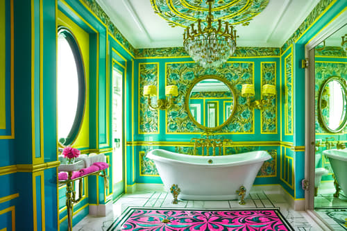 photo from pinterest of maximalist-style interior designed (hotel bathroom interior) with bathtub and bathroom cabinet and bath towel and waste basket and bath rail and mirror and shower and bathroom sink with faucet. . with bold design and eye-catching and bold colors and bold creativity and over-the-top aesthetic and more is more philosophy and vibrant and bold patterns. . cinematic photo, highly detailed, cinematic lighting, ultra-detailed, ultrarealistic, photorealism, 8k. trending on pinterest. maximalist interior design style. masterpiece, cinematic light, ultrarealistic+, photorealistic+, 8k, raw photo, realistic, sharp focus on eyes, (symmetrical eyes), (intact eyes), hyperrealistic, highest quality, best quality, , highly detailed, masterpiece, best quality, extremely detailed 8k wallpaper, masterpiece, best quality, ultra-detailed, best shadow, detailed background, detailed face, detailed eyes, high contrast, best illumination, detailed face, dulux, caustic, dynamic angle, detailed glow. dramatic lighting. highly detailed, insanely detailed hair, symmetrical, intricate details, professionally retouched, 8k high definition. strong bokeh. award winning photo.