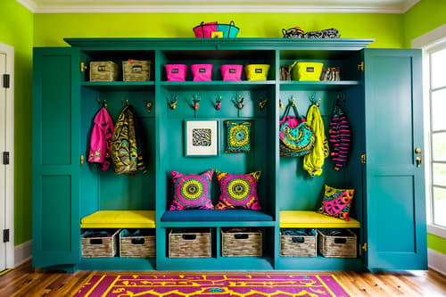 photo from pinterest of maximalist-style interior designed (mudroom interior) with storage baskets and storage drawers and cabinets and wall hooks for coats and a bench and high up storage and cubbies and shelves for shoes. . with bold patterns and bold colors and bold creativity and eye-catching and over-the-top aesthetic and vibrant and playful and bold design. . cinematic photo, highly detailed, cinematic lighting, ultra-detailed, ultrarealistic, photorealism, 8k. trending on pinterest. maximalist interior design style. masterpiece, cinematic light, ultrarealistic+, photorealistic+, 8k, raw photo, realistic, sharp focus on eyes, (symmetrical eyes), (intact eyes), hyperrealistic, highest quality, best quality, , highly detailed, masterpiece, best quality, extremely detailed 8k wallpaper, masterpiece, best quality, ultra-detailed, best shadow, detailed background, detailed face, detailed eyes, high contrast, best illumination, detailed face, dulux, caustic, dynamic angle, detailed glow. dramatic lighting. highly detailed, insanely detailed hair, symmetrical, intricate details, professionally retouched, 8k high definition. strong bokeh. award winning photo.