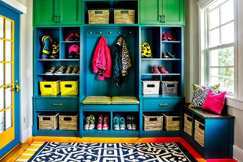 photo from pinterest of maximalist-style interior designed (mudroom interior) with storage baskets and storage drawers and cabinets and wall hooks for coats and a bench and high up storage and cubbies and shelves for shoes. . with bold patterns and bold colors and bold creativity and eye-catching and over-the-top aesthetic and vibrant and playful and bold design. . cinematic photo, highly detailed, cinematic lighting, ultra-detailed, ultrarealistic, photorealism, 8k. trending on pinterest. maximalist interior design style. masterpiece, cinematic light, ultrarealistic+, photorealistic+, 8k, raw photo, realistic, sharp focus on eyes, (symmetrical eyes), (intact eyes), hyperrealistic, highest quality, best quality, , highly detailed, masterpiece, best quality, extremely detailed 8k wallpaper, masterpiece, best quality, ultra-detailed, best shadow, detailed background, detailed face, detailed eyes, high contrast, best illumination, detailed face, dulux, caustic, dynamic angle, detailed glow. dramatic lighting. highly detailed, insanely detailed hair, symmetrical, intricate details, professionally retouched, 8k high definition. strong bokeh. award winning photo.