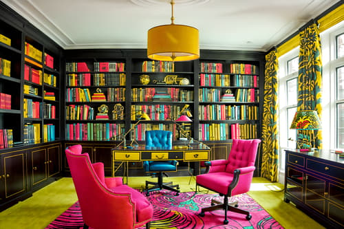 photo from pinterest of maximalist-style interior designed (study room interior) with desk lamp and bookshelves and cabinets and office chair and lounge chair and plant and writing desk and desk lamp. . with bold patterns and bold design and eye-catching and bold colors and vibrant and bold creativity and playful and more is more philosophy. . cinematic photo, highly detailed, cinematic lighting, ultra-detailed, ultrarealistic, photorealism, 8k. trending on pinterest. maximalist interior design style. masterpiece, cinematic light, ultrarealistic+, photorealistic+, 8k, raw photo, realistic, sharp focus on eyes, (symmetrical eyes), (intact eyes), hyperrealistic, highest quality, best quality, , highly detailed, masterpiece, best quality, extremely detailed 8k wallpaper, masterpiece, best quality, ultra-detailed, best shadow, detailed background, detailed face, detailed eyes, high contrast, best illumination, detailed face, dulux, caustic, dynamic angle, detailed glow. dramatic lighting. highly detailed, insanely detailed hair, symmetrical, intricate details, professionally retouched, 8k high definition. strong bokeh. award winning photo.