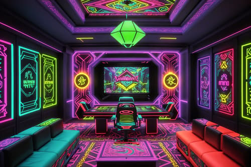 photo from pinterest of maximalist-style interior designed (gaming room interior) . with vibrant and more is more philosophy and bold creativity and bold colors and over-the-top aesthetic and eye-catching and bold design and bold patterns. . cinematic photo, highly detailed, cinematic lighting, ultra-detailed, ultrarealistic, photorealism, 8k. trending on pinterest. maximalist interior design style. masterpiece, cinematic light, ultrarealistic+, photorealistic+, 8k, raw photo, realistic, sharp focus on eyes, (symmetrical eyes), (intact eyes), hyperrealistic, highest quality, best quality, , highly detailed, masterpiece, best quality, extremely detailed 8k wallpaper, masterpiece, best quality, ultra-detailed, best shadow, detailed background, detailed face, detailed eyes, high contrast, best illumination, detailed face, dulux, caustic, dynamic angle, detailed glow. dramatic lighting. highly detailed, insanely detailed hair, symmetrical, intricate details, professionally retouched, 8k high definition. strong bokeh. award winning photo.