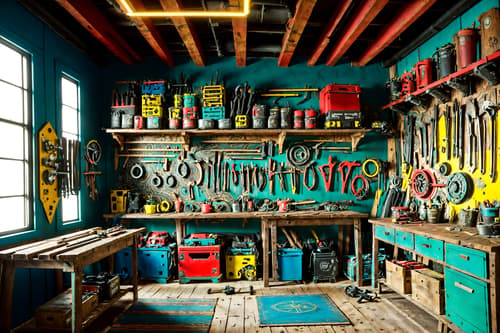 photo from pinterest of maximalist-style interior designed (workshop interior) with tool wall and wooden workbench and messy and tool wall. . with bold creativity and bold colors and playful and eye-catching and bold patterns and bold design and more is more philosophy and vibrant. . cinematic photo, highly detailed, cinematic lighting, ultra-detailed, ultrarealistic, photorealism, 8k. trending on pinterest. maximalist interior design style. masterpiece, cinematic light, ultrarealistic+, photorealistic+, 8k, raw photo, realistic, sharp focus on eyes, (symmetrical eyes), (intact eyes), hyperrealistic, highest quality, best quality, , highly detailed, masterpiece, best quality, extremely detailed 8k wallpaper, masterpiece, best quality, ultra-detailed, best shadow, detailed background, detailed face, detailed eyes, high contrast, best illumination, detailed face, dulux, caustic, dynamic angle, detailed glow. dramatic lighting. highly detailed, insanely detailed hair, symmetrical, intricate details, professionally retouched, 8k high definition. strong bokeh. award winning photo.