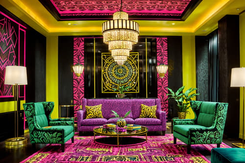 photo from pinterest of maximalist-style interior designed (hotel lobby interior) with sofas and hanging lamps and coffee tables and plant and check in desk and furniture and rug and lounge chairs. . with bold creativity and bold design and over-the-top aesthetic and bold patterns and playful and vibrant and eye-catching and more is more philosophy. . cinematic photo, highly detailed, cinematic lighting, ultra-detailed, ultrarealistic, photorealism, 8k. trending on pinterest. maximalist interior design style. masterpiece, cinematic light, ultrarealistic+, photorealistic+, 8k, raw photo, realistic, sharp focus on eyes, (symmetrical eyes), (intact eyes), hyperrealistic, highest quality, best quality, , highly detailed, masterpiece, best quality, extremely detailed 8k wallpaper, masterpiece, best quality, ultra-detailed, best shadow, detailed background, detailed face, detailed eyes, high contrast, best illumination, detailed face, dulux, caustic, dynamic angle, detailed glow. dramatic lighting. highly detailed, insanely detailed hair, symmetrical, intricate details, professionally retouched, 8k high definition. strong bokeh. award winning photo.
