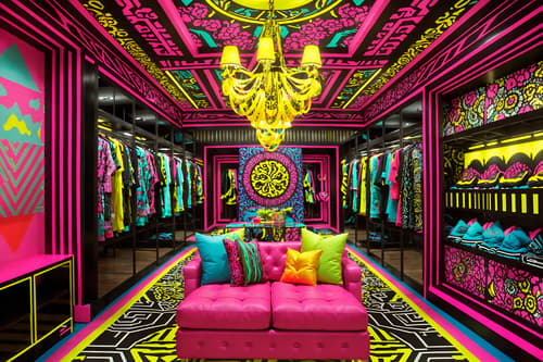 photo from pinterest of maximalist-style interior designed (clothing store interior) . with bold colors and vibrant and eye-catching and playful and over-the-top aesthetic and bold patterns and more is more philosophy and bold design. . cinematic photo, highly detailed, cinematic lighting, ultra-detailed, ultrarealistic, photorealism, 8k. trending on pinterest. maximalist interior design style. masterpiece, cinematic light, ultrarealistic+, photorealistic+, 8k, raw photo, realistic, sharp focus on eyes, (symmetrical eyes), (intact eyes), hyperrealistic, highest quality, best quality, , highly detailed, masterpiece, best quality, extremely detailed 8k wallpaper, masterpiece, best quality, ultra-detailed, best shadow, detailed background, detailed face, detailed eyes, high contrast, best illumination, detailed face, dulux, caustic, dynamic angle, detailed glow. dramatic lighting. highly detailed, insanely detailed hair, symmetrical, intricate details, professionally retouched, 8k high definition. strong bokeh. award winning photo.