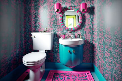 photo from pinterest of maximalist-style interior designed (toilet interior) with toilet with toilet seat up and sink with tap and toilet paper hanger and toilet with toilet seat up. . with playful and eye-catching and vibrant and over-the-top aesthetic and bold design and bold patterns and bold colors and more is more philosophy. . cinematic photo, highly detailed, cinematic lighting, ultra-detailed, ultrarealistic, photorealism, 8k. trending on pinterest. maximalist interior design style. masterpiece, cinematic light, ultrarealistic+, photorealistic+, 8k, raw photo, realistic, sharp focus on eyes, (symmetrical eyes), (intact eyes), hyperrealistic, highest quality, best quality, , highly detailed, masterpiece, best quality, extremely detailed 8k wallpaper, masterpiece, best quality, ultra-detailed, best shadow, detailed background, detailed face, detailed eyes, high contrast, best illumination, detailed face, dulux, caustic, dynamic angle, detailed glow. dramatic lighting. highly detailed, insanely detailed hair, symmetrical, intricate details, professionally retouched, 8k high definition. strong bokeh. award winning photo.