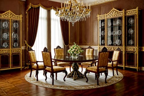 photo from pinterest of baroque-style interior designed (dining room interior) with vase and dining table and plates, cutlery and glasses on dining table and light or chandelier and table cloth and plant and bookshelves and dining table chairs. . with emotional exuberance and drama and heavy moldings and pedestal feet and elaborate ornamentation and luxurious floral and damask fabrics and crystal and glass accents and intricate carvings and ornaments. . cinematic photo, highly detailed, cinematic lighting, ultra-detailed, ultrarealistic, photorealism, 8k. trending on pinterest. baroque interior design style. masterpiece, cinematic light, ultrarealistic+, photorealistic+, 8k, raw photo, realistic, sharp focus on eyes, (symmetrical eyes), (intact eyes), hyperrealistic, highest quality, best quality, , highly detailed, masterpiece, best quality, extremely detailed 8k wallpaper, masterpiece, best quality, ultra-detailed, best shadow, detailed background, detailed face, detailed eyes, high contrast, best illumination, detailed face, dulux, caustic, dynamic angle, detailed glow. dramatic lighting. highly detailed, insanely detailed hair, symmetrical, intricate details, professionally retouched, 8k high definition. strong bokeh. award winning photo.