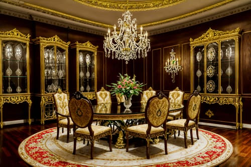 photo from pinterest of baroque-style interior designed (dining room interior) with vase and dining table and plates, cutlery and glasses on dining table and light or chandelier and table cloth and plant and bookshelves and dining table chairs. . with emotional exuberance and drama and heavy moldings and pedestal feet and elaborate ornamentation and luxurious floral and damask fabrics and crystal and glass accents and intricate carvings and ornaments. . cinematic photo, highly detailed, cinematic lighting, ultra-detailed, ultrarealistic, photorealism, 8k. trending on pinterest. baroque interior design style. masterpiece, cinematic light, ultrarealistic+, photorealistic+, 8k, raw photo, realistic, sharp focus on eyes, (symmetrical eyes), (intact eyes), hyperrealistic, highest quality, best quality, , highly detailed, masterpiece, best quality, extremely detailed 8k wallpaper, masterpiece, best quality, ultra-detailed, best shadow, detailed background, detailed face, detailed eyes, high contrast, best illumination, detailed face, dulux, caustic, dynamic angle, detailed glow. dramatic lighting. highly detailed, insanely detailed hair, symmetrical, intricate details, professionally retouched, 8k high definition. strong bokeh. award winning photo.