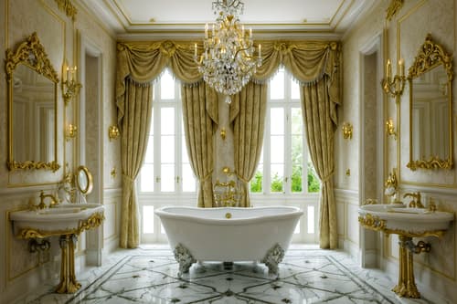 photo from pinterest of baroque-style interior designed (bathroom interior) with bath towel and mirror and bathtub and bathroom cabinet and bathroom sink with faucet and bath rail and shower and plant. . with luxurious floral and damask fabrics and heavy moldings and emotional exuberance and tension and crystal and glass accents and grandeur and pedestal feet and sensuous richness. . cinematic photo, highly detailed, cinematic lighting, ultra-detailed, ultrarealistic, photorealism, 8k. trending on pinterest. baroque interior design style. masterpiece, cinematic light, ultrarealistic+, photorealistic+, 8k, raw photo, realistic, sharp focus on eyes, (symmetrical eyes), (intact eyes), hyperrealistic, highest quality, best quality, , highly detailed, masterpiece, best quality, extremely detailed 8k wallpaper, masterpiece, best quality, ultra-detailed, best shadow, detailed background, detailed face, detailed eyes, high contrast, best illumination, detailed face, dulux, caustic, dynamic angle, detailed glow. dramatic lighting. highly detailed, insanely detailed hair, symmetrical, intricate details, professionally retouched, 8k high definition. strong bokeh. award winning photo.