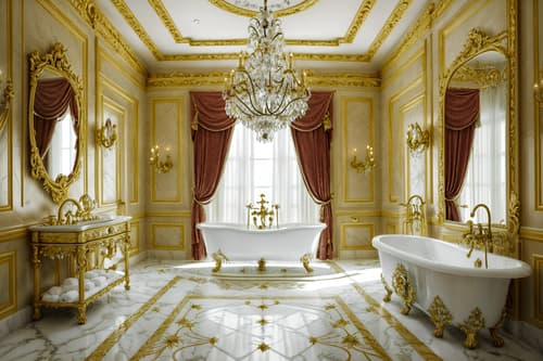 photo from pinterest of baroque-style interior designed (bathroom interior) with bath towel and mirror and bathtub and bathroom cabinet and bathroom sink with faucet and bath rail and shower and plant. . with luxurious floral and damask fabrics and heavy moldings and emotional exuberance and tension and crystal and glass accents and grandeur and pedestal feet and sensuous richness. . cinematic photo, highly detailed, cinematic lighting, ultra-detailed, ultrarealistic, photorealism, 8k. trending on pinterest. baroque interior design style. masterpiece, cinematic light, ultrarealistic+, photorealistic+, 8k, raw photo, realistic, sharp focus on eyes, (symmetrical eyes), (intact eyes), hyperrealistic, highest quality, best quality, , highly detailed, masterpiece, best quality, extremely detailed 8k wallpaper, masterpiece, best quality, ultra-detailed, best shadow, detailed background, detailed face, detailed eyes, high contrast, best illumination, detailed face, dulux, caustic, dynamic angle, detailed glow. dramatic lighting. highly detailed, insanely detailed hair, symmetrical, intricate details, professionally retouched, 8k high definition. strong bokeh. award winning photo.