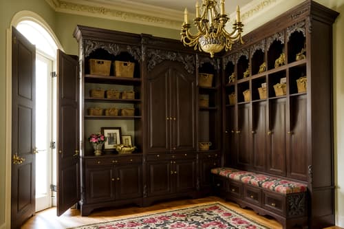 photo from pinterest of baroque-style interior designed (mudroom interior) with cubbies and storage baskets and storage drawers and wall hooks for coats and high up storage and cabinets and shelves for shoes and a bench. . with pedestal feet and drama and emotional exuberance and opulent and colossal furniture and movement and heavy moldings and luxurious floral and damask fabrics and expensive and plush flooring. . cinematic photo, highly detailed, cinematic lighting, ultra-detailed, ultrarealistic, photorealism, 8k. trending on pinterest. baroque interior design style. masterpiece, cinematic light, ultrarealistic+, photorealistic+, 8k, raw photo, realistic, sharp focus on eyes, (symmetrical eyes), (intact eyes), hyperrealistic, highest quality, best quality, , highly detailed, masterpiece, best quality, extremely detailed 8k wallpaper, masterpiece, best quality, ultra-detailed, best shadow, detailed background, detailed face, detailed eyes, high contrast, best illumination, detailed face, dulux, caustic, dynamic angle, detailed glow. dramatic lighting. highly detailed, insanely detailed hair, symmetrical, intricate details, professionally retouched, 8k high definition. strong bokeh. award winning photo.