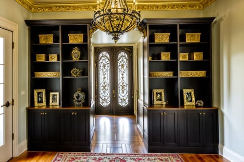photo from pinterest of baroque-style interior designed (mudroom interior) with cubbies and storage baskets and storage drawers and wall hooks for coats and high up storage and cabinets and shelves for shoes and a bench. . with pedestal feet and drama and emotional exuberance and opulent and colossal furniture and movement and heavy moldings and luxurious floral and damask fabrics and expensive and plush flooring. . cinematic photo, highly detailed, cinematic lighting, ultra-detailed, ultrarealistic, photorealism, 8k. trending on pinterest. baroque interior design style. masterpiece, cinematic light, ultrarealistic+, photorealistic+, 8k, raw photo, realistic, sharp focus on eyes, (symmetrical eyes), (intact eyes), hyperrealistic, highest quality, best quality, , highly detailed, masterpiece, best quality, extremely detailed 8k wallpaper, masterpiece, best quality, ultra-detailed, best shadow, detailed background, detailed face, detailed eyes, high contrast, best illumination, detailed face, dulux, caustic, dynamic angle, detailed glow. dramatic lighting. highly detailed, insanely detailed hair, symmetrical, intricate details, professionally retouched, 8k high definition. strong bokeh. award winning photo.