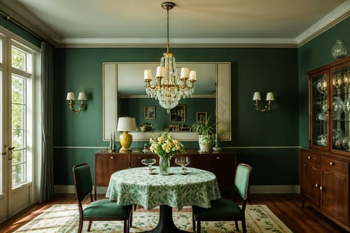 photo from pinterest of retro-style interior designed (dining room interior) with plates, cutlery and glasses on dining table and table cloth and light or chandelier and painting or photo on wall and dining table chairs and vase and plant and dining table. . . cinematic photo, highly detailed, cinematic lighting, ultra-detailed, ultrarealistic, photorealism, 8k. trending on pinterest. retro interior design style. masterpiece, cinematic light, ultrarealistic+, photorealistic+, 8k, raw photo, realistic, sharp focus on eyes, (symmetrical eyes), (intact eyes), hyperrealistic, highest quality, best quality, , highly detailed, masterpiece, best quality, extremely detailed 8k wallpaper, masterpiece, best quality, ultra-detailed, best shadow, detailed background, detailed face, detailed eyes, high contrast, best illumination, detailed face, dulux, caustic, dynamic angle, detailed glow. dramatic lighting. highly detailed, insanely detailed hair, symmetrical, intricate details, professionally retouched, 8k high definition. strong bokeh. award winning photo.