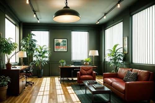 photo from pinterest of retro-style interior designed (office interior) with windows and computer desks and plants and desk lamps and office desks and seating area with sofa and office chairs and lounge chairs. . . cinematic photo, highly detailed, cinematic lighting, ultra-detailed, ultrarealistic, photorealism, 8k. trending on pinterest. retro interior design style. masterpiece, cinematic light, ultrarealistic+, photorealistic+, 8k, raw photo, realistic, sharp focus on eyes, (symmetrical eyes), (intact eyes), hyperrealistic, highest quality, best quality, , highly detailed, masterpiece, best quality, extremely detailed 8k wallpaper, masterpiece, best quality, ultra-detailed, best shadow, detailed background, detailed face, detailed eyes, high contrast, best illumination, detailed face, dulux, caustic, dynamic angle, detailed glow. dramatic lighting. highly detailed, insanely detailed hair, symmetrical, intricate details, professionally retouched, 8k high definition. strong bokeh. award winning photo.