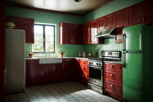 photo from pinterest of retro-style interior designed (kitchen interior) with refrigerator and stove and worktops and sink and plant and kitchen cabinets and refrigerator. . . cinematic photo, highly detailed, cinematic lighting, ultra-detailed, ultrarealistic, photorealism, 8k. trending on pinterest. retro interior design style. masterpiece, cinematic light, ultrarealistic+, photorealistic+, 8k, raw photo, realistic, sharp focus on eyes, (symmetrical eyes), (intact eyes), hyperrealistic, highest quality, best quality, , highly detailed, masterpiece, best quality, extremely detailed 8k wallpaper, masterpiece, best quality, ultra-detailed, best shadow, detailed background, detailed face, detailed eyes, high contrast, best illumination, detailed face, dulux, caustic, dynamic angle, detailed glow. dramatic lighting. highly detailed, insanely detailed hair, symmetrical, intricate details, professionally retouched, 8k high definition. strong bokeh. award winning photo.