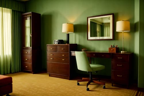 photo from pinterest of retro-style interior designed (hotel room interior) with dresser closet and hotel bathroom and storage bench or ottoman and working desk with desk chair and night light and bedside table or night stand and plant and bed. . . cinematic photo, highly detailed, cinematic lighting, ultra-detailed, ultrarealistic, photorealism, 8k. trending on pinterest. retro interior design style. masterpiece, cinematic light, ultrarealistic+, photorealistic+, 8k, raw photo, realistic, sharp focus on eyes, (symmetrical eyes), (intact eyes), hyperrealistic, highest quality, best quality, , highly detailed, masterpiece, best quality, extremely detailed 8k wallpaper, masterpiece, best quality, ultra-detailed, best shadow, detailed background, detailed face, detailed eyes, high contrast, best illumination, detailed face, dulux, caustic, dynamic angle, detailed glow. dramatic lighting. highly detailed, insanely detailed hair, symmetrical, intricate details, professionally retouched, 8k high definition. strong bokeh. award winning photo.