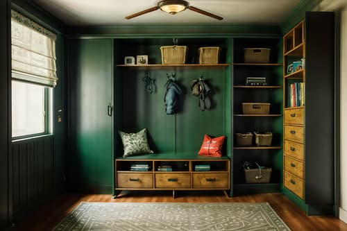 photo from pinterest of retro-style interior designed (drop zone interior) with a bench and cubbies and shelves for shoes and cabinets and lockers and wall hooks for coats and storage baskets and storage drawers. . . cinematic photo, highly detailed, cinematic lighting, ultra-detailed, ultrarealistic, photorealism, 8k. trending on pinterest. retro interior design style. masterpiece, cinematic light, ultrarealistic+, photorealistic+, 8k, raw photo, realistic, sharp focus on eyes, (symmetrical eyes), (intact eyes), hyperrealistic, highest quality, best quality, , highly detailed, masterpiece, best quality, extremely detailed 8k wallpaper, masterpiece, best quality, ultra-detailed, best shadow, detailed background, detailed face, detailed eyes, high contrast, best illumination, detailed face, dulux, caustic, dynamic angle, detailed glow. dramatic lighting. highly detailed, insanely detailed hair, symmetrical, intricate details, professionally retouched, 8k high definition. strong bokeh. award winning photo.