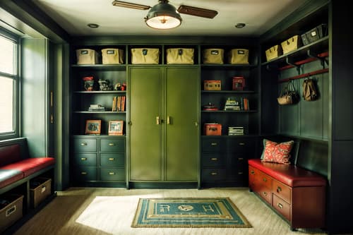 photo from pinterest of retro-style interior designed (drop zone interior) with a bench and cubbies and shelves for shoes and cabinets and lockers and wall hooks for coats and storage baskets and storage drawers. . . cinematic photo, highly detailed, cinematic lighting, ultra-detailed, ultrarealistic, photorealism, 8k. trending on pinterest. retro interior design style. masterpiece, cinematic light, ultrarealistic+, photorealistic+, 8k, raw photo, realistic, sharp focus on eyes, (symmetrical eyes), (intact eyes), hyperrealistic, highest quality, best quality, , highly detailed, masterpiece, best quality, extremely detailed 8k wallpaper, masterpiece, best quality, ultra-detailed, best shadow, detailed background, detailed face, detailed eyes, high contrast, best illumination, detailed face, dulux, caustic, dynamic angle, detailed glow. dramatic lighting. highly detailed, insanely detailed hair, symmetrical, intricate details, professionally retouched, 8k high definition. strong bokeh. award winning photo.