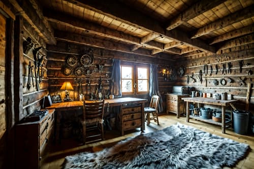 photo from pinterest of ski chalet-style interior designed (workshop interior) with wooden workbench and tool wall and messy and wooden workbench. . with wooden walls and exposed wood and ski-themed decor and animal furs and animal rugs and exposed construction beams and mountain-inspired and layered textiles. . cinematic photo, highly detailed, cinematic lighting, ultra-detailed, ultrarealistic, photorealism, 8k. trending on pinterest. ski chalet interior design style. masterpiece, cinematic light, ultrarealistic+, photorealistic+, 8k, raw photo, realistic, sharp focus on eyes, (symmetrical eyes), (intact eyes), hyperrealistic, highest quality, best quality, , highly detailed, masterpiece, best quality, extremely detailed 8k wallpaper, masterpiece, best quality, ultra-detailed, best shadow, detailed background, detailed face, detailed eyes, high contrast, best illumination, detailed face, dulux, caustic, dynamic angle, detailed glow. dramatic lighting. highly detailed, insanely detailed hair, symmetrical, intricate details, professionally retouched, 8k high definition. strong bokeh. award winning photo.